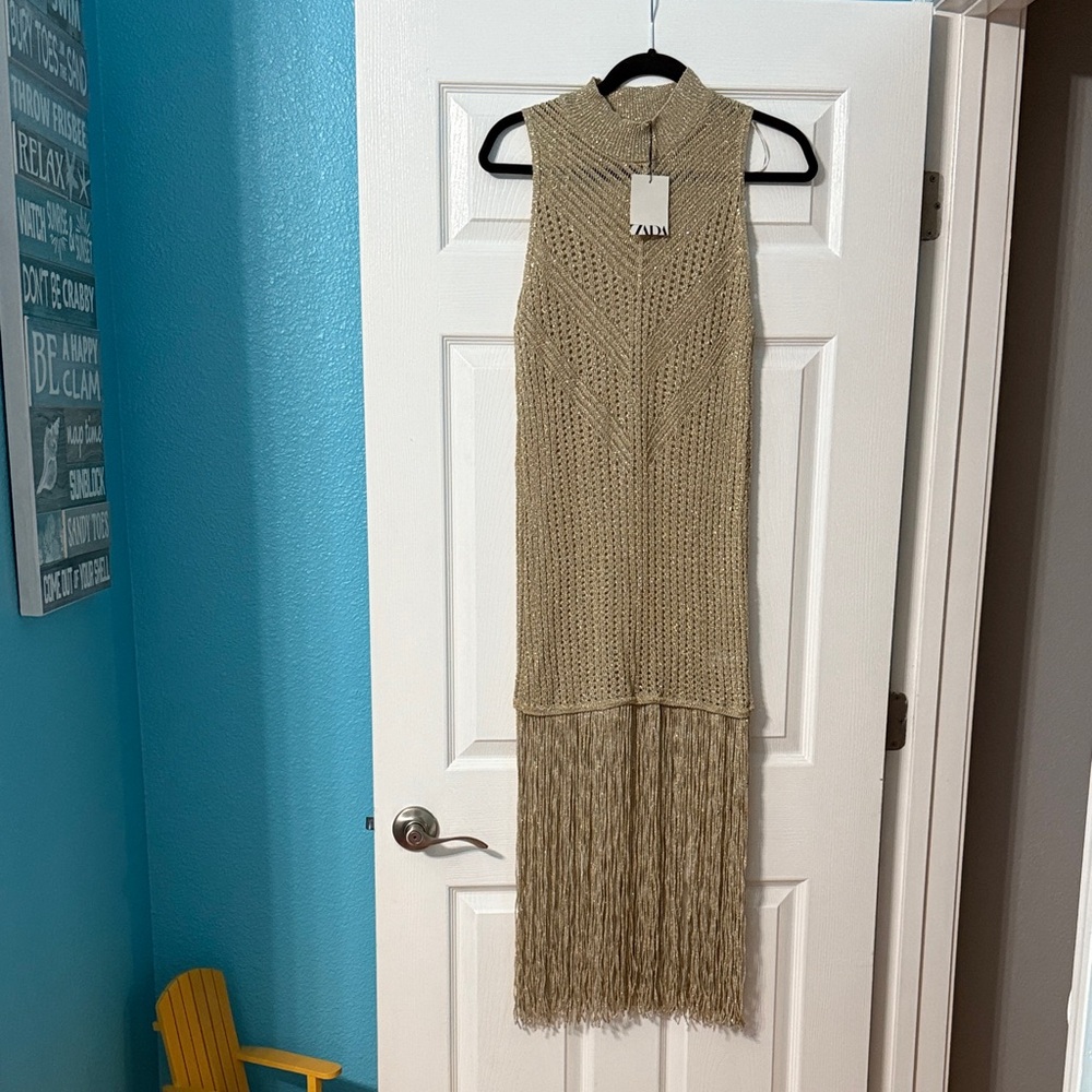 Zara Tan Knit Fringe Midi Dress